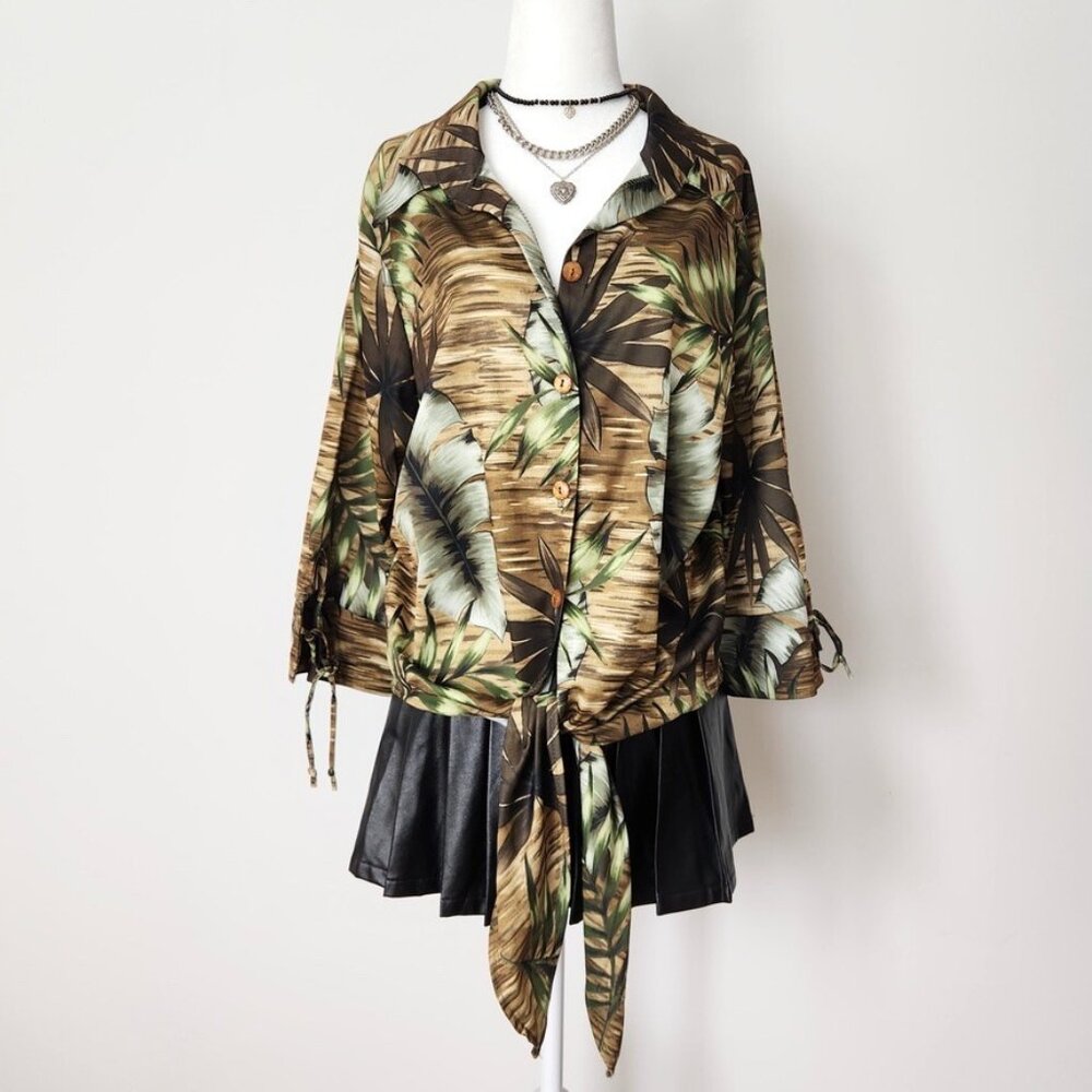Vintage 70s Tropical Leaf Print Blouse Size 1X Tie Monstera Botanical Green Boho